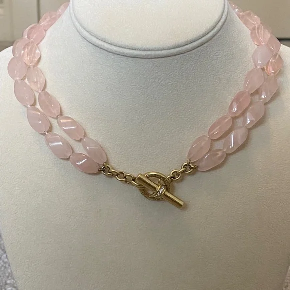 Designer SLANE ~ 18K Yellow Gold ~ Rose Quartz & Diamond Necklace Double Strand - Picture 9 of 16
